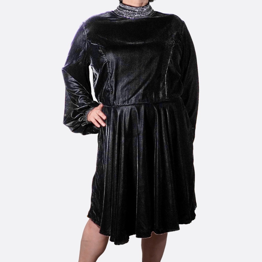 ASOS Velvet Midi Dress Black Crystal‎ Pearl High Neck Balloon Sleeve Plus 1X XL